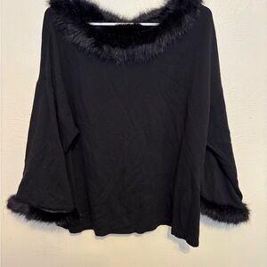 Chico’s Black Faux Fur Trim Knit Top Size 2 XL Holiday Dressy